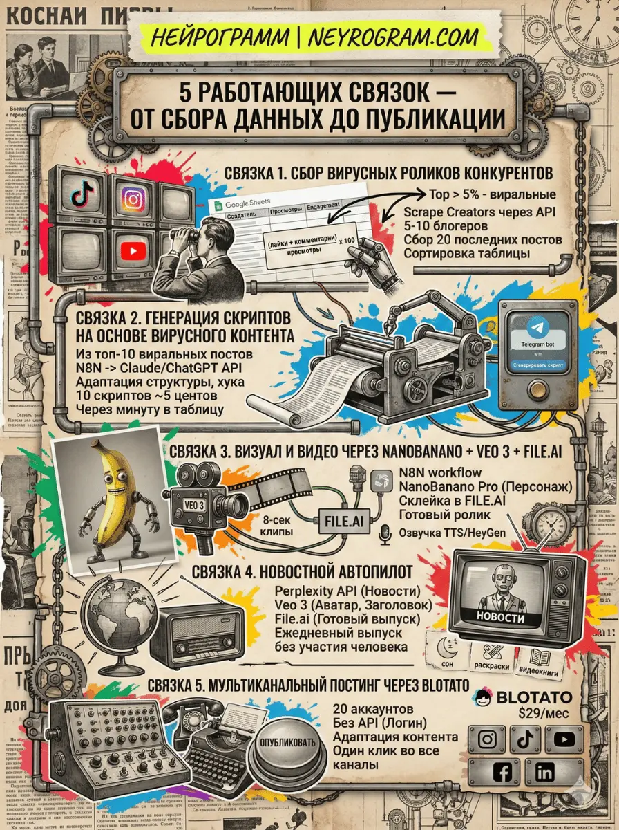 5 работающих связок нейроавтоматизаций — от сбора данных до публикации 