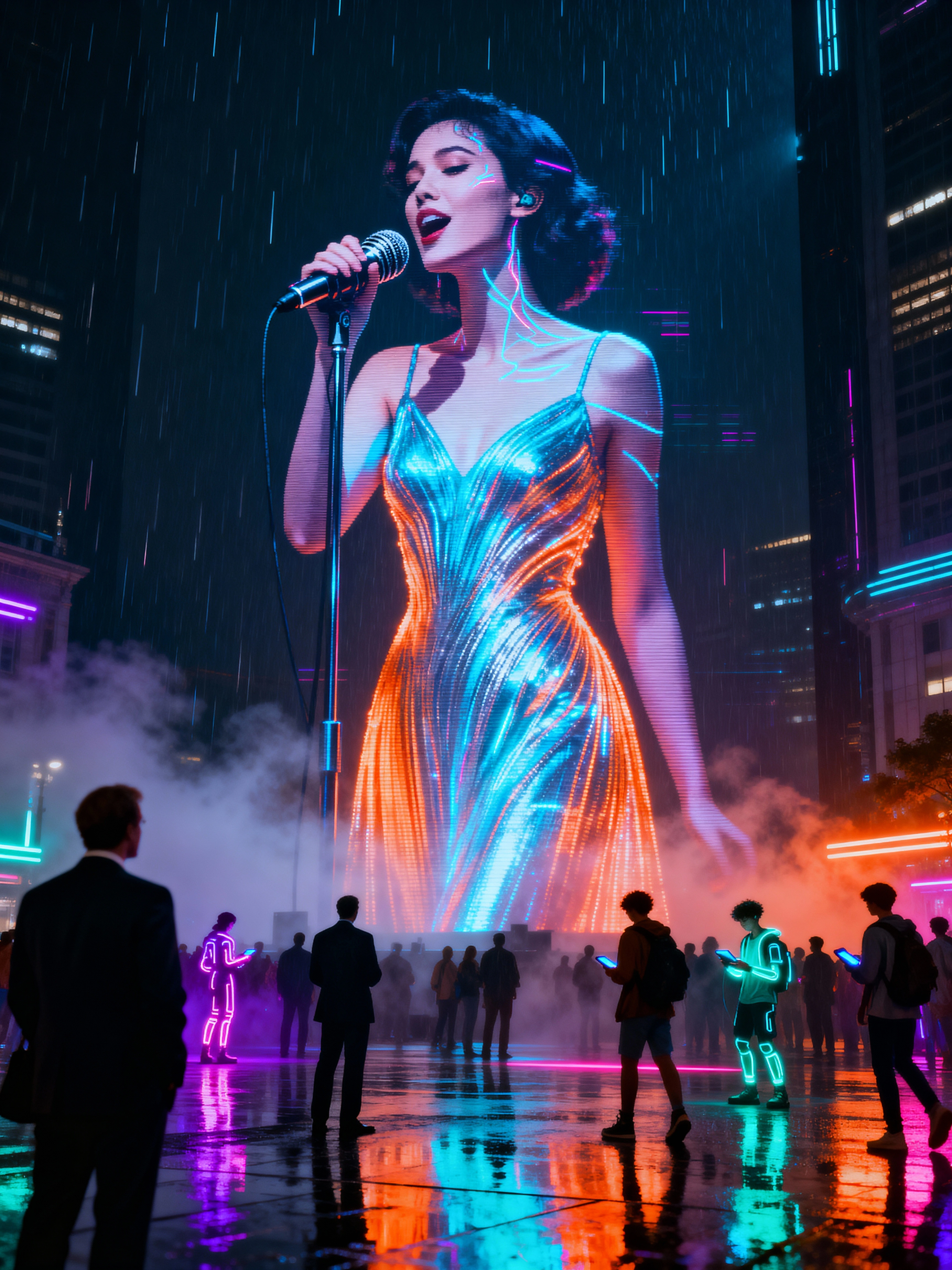 Футуристическая цифровая певица в неоновом платье выступает перед толпой в ночном городе; образ нейромузыки и искусственного артиста, символ имитации эмоций и новой роли автора